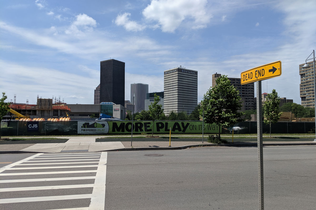 Site of Strong Museum of Play expansion with signage